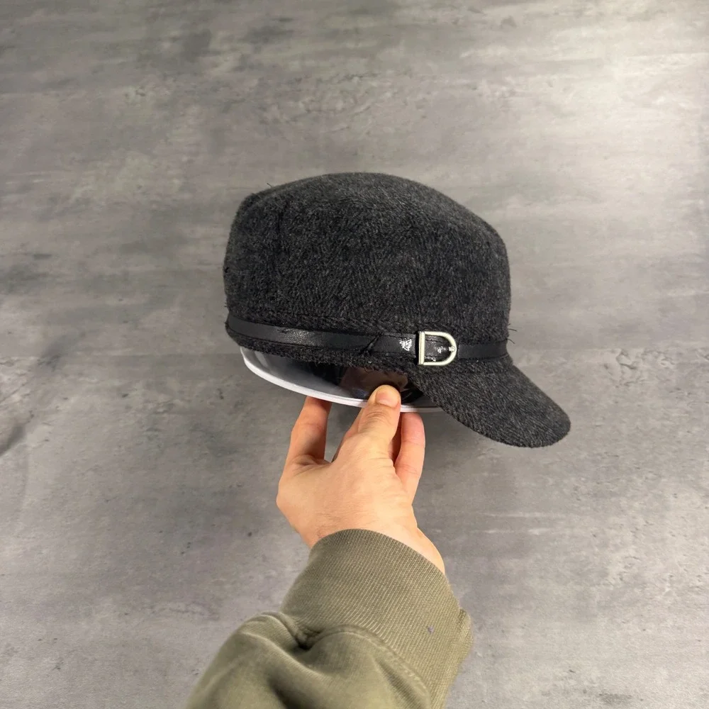 Cadet Hat Women OS Black Gray Herringbone Faux Leather Buckle‎ Military Cap